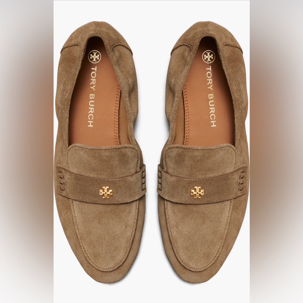 Tory Burch Taupe Suede Penny Loafers with Gold Logo